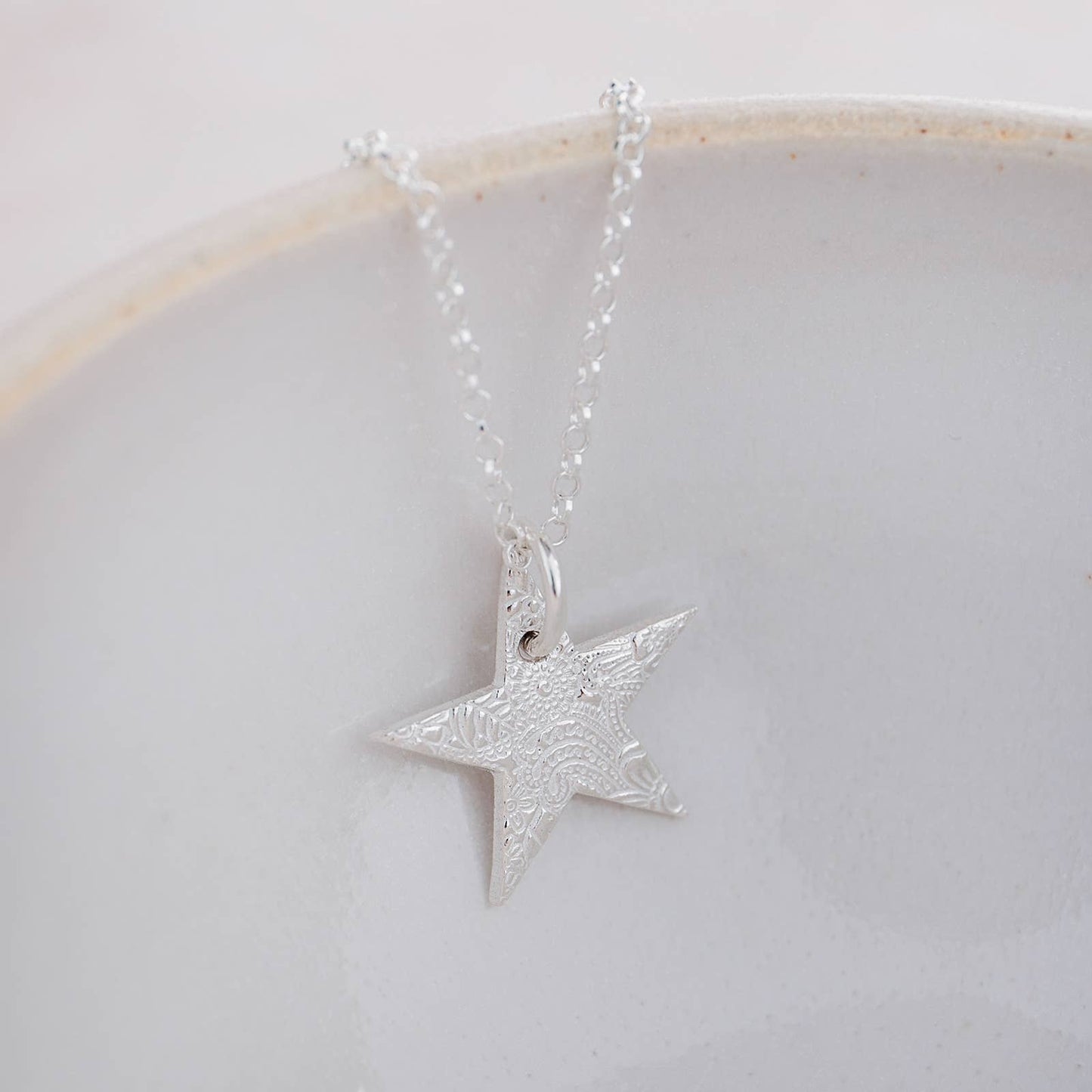 Sterling silver large textured star pendant necklace