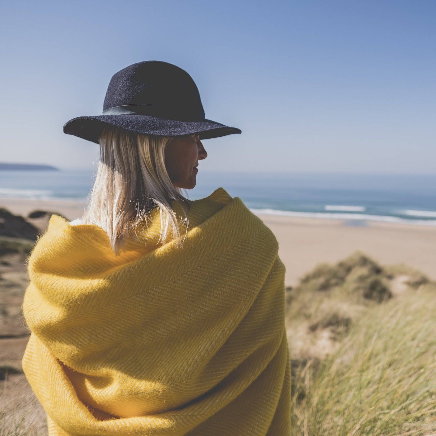 Yellow herringbone wool blanket
