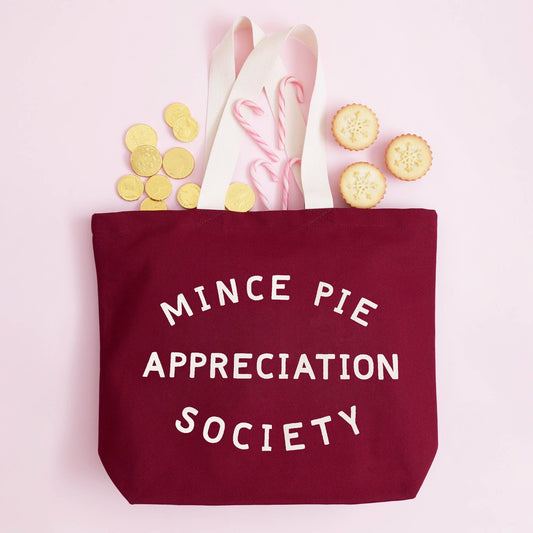 Burgundy mince pie appreciation society canvas tote bag