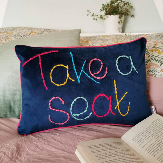 Take a Seat embroidered velvet cushion