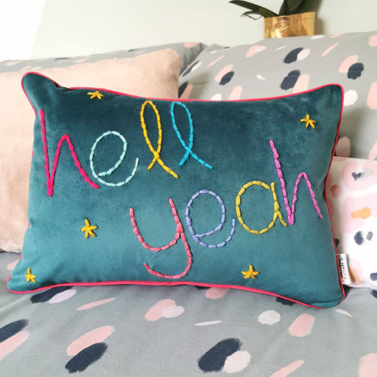 Hell Yeah embroidered teal velvet cushion