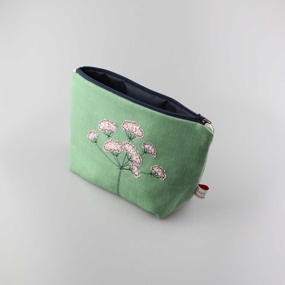 Embroidered cow parsley makeup bag