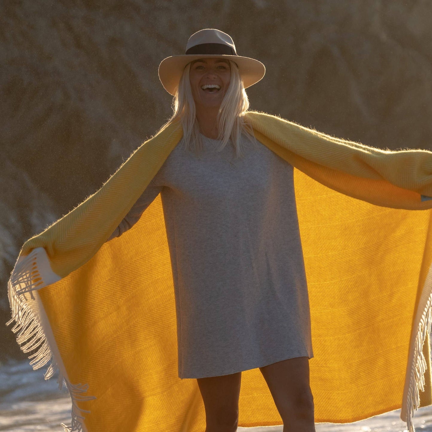 Yellow herringbone wool blanket