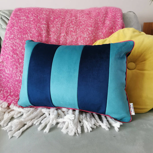 Teal Stripe velvet cushion
