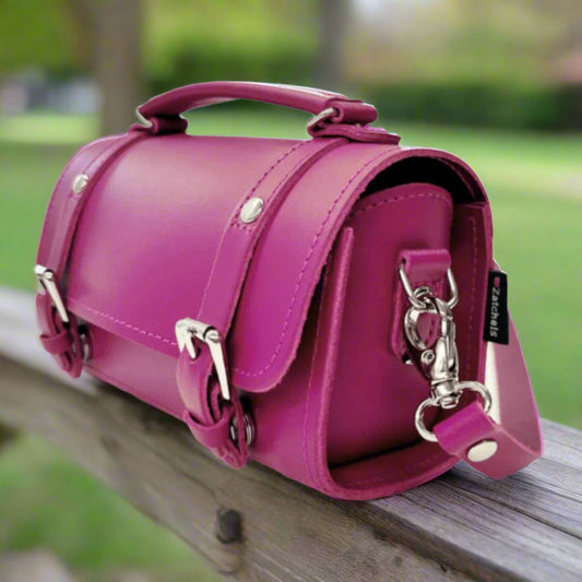 Handmade magenta leather bowler bag