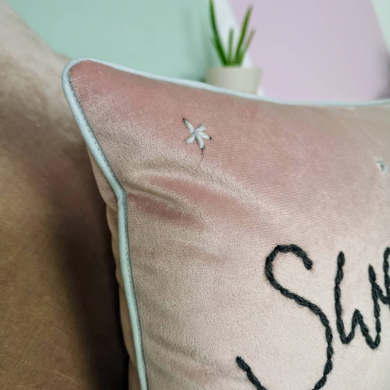 Sweet Dreams embroidered velvet cushion