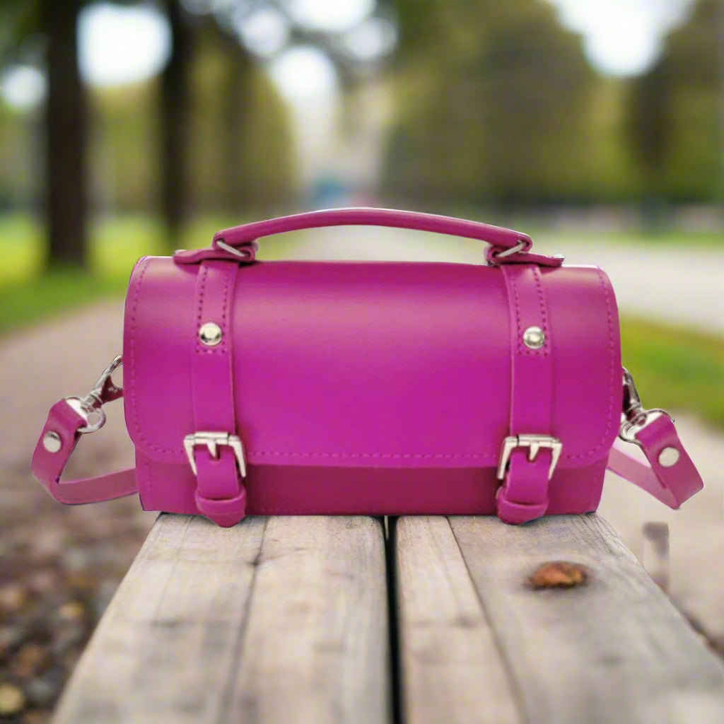 Handmade magenta leather bowler bag