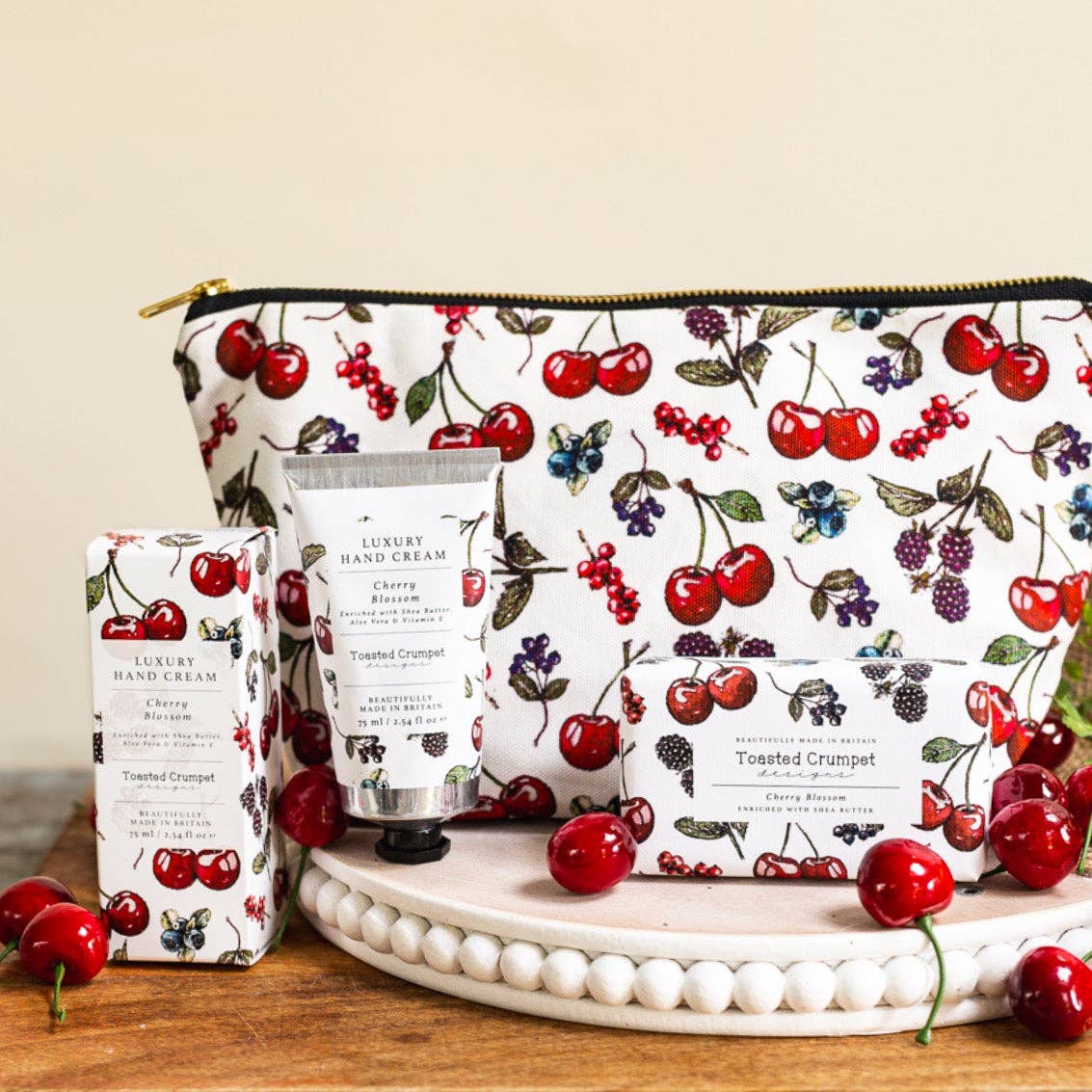 Mon Cheri cherry organic cotton wash bag