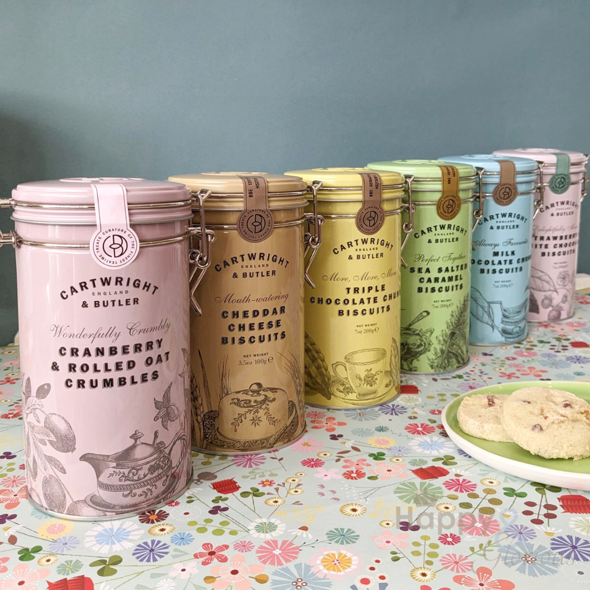 Milk chocolate chunk biscuits in vintage style tin