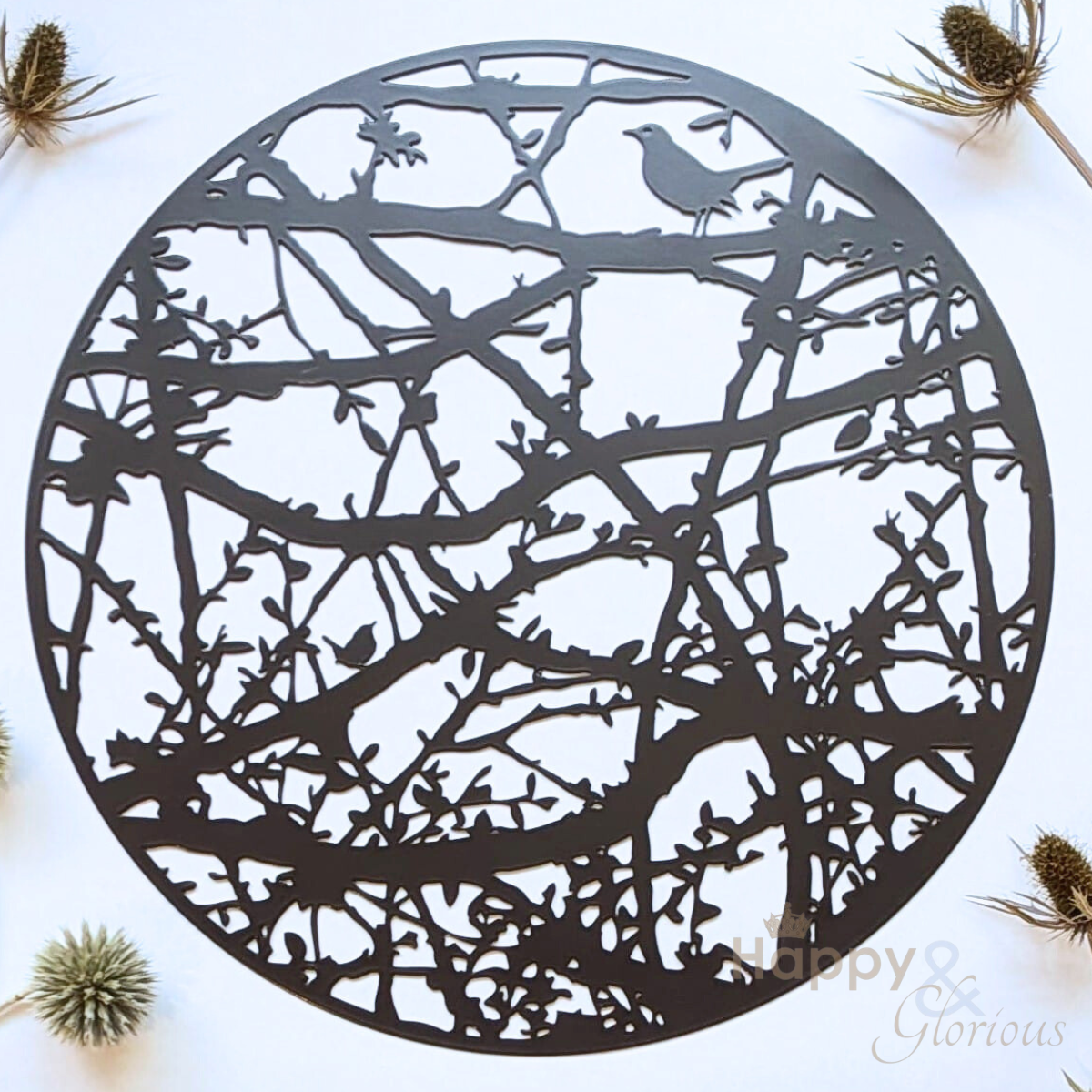 Steel hedgerow with blackbird & wren garden wall art