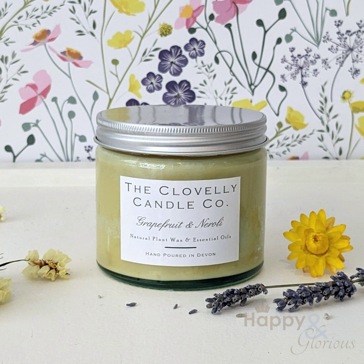 Grapefruit & neroli aromatherapy candle in large glass jar