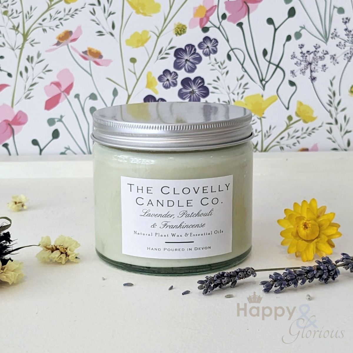 Lavender, patchouli & frankincense aromatherapy candle in large glass jar