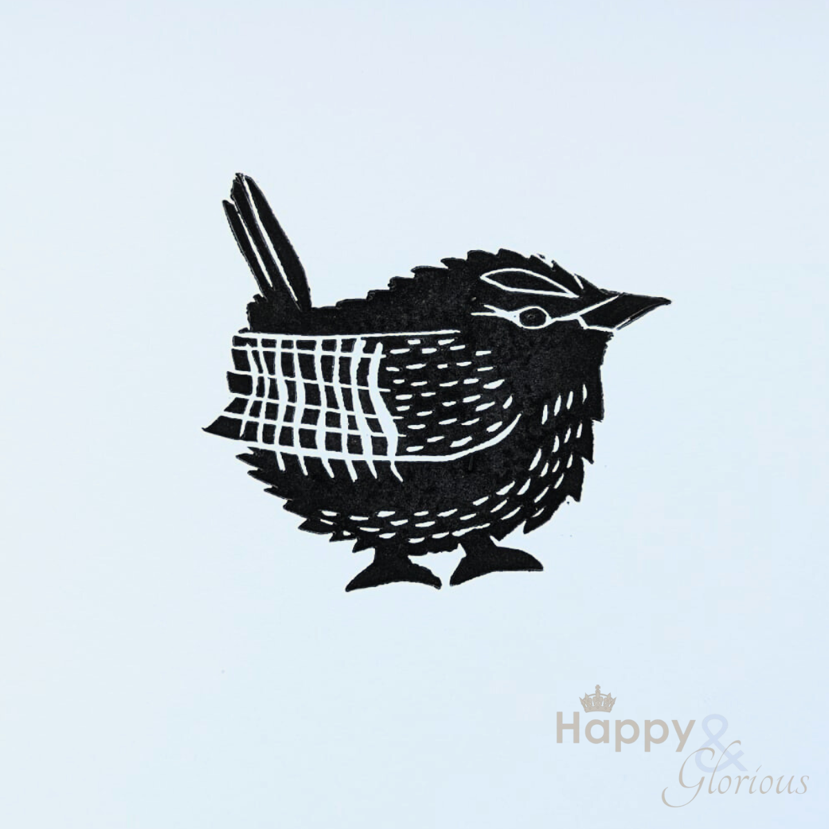 Grumpy wren lino print by Kate Tompsett