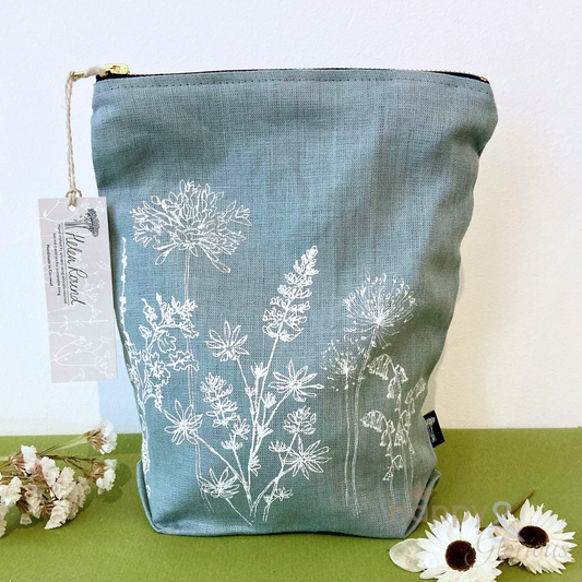 Large linen garden flowers washbag