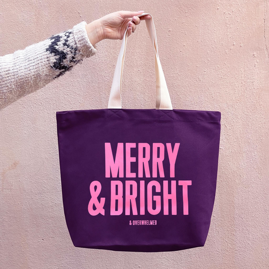 Purple merry & bright (& overwhelmed) canvas tote bag