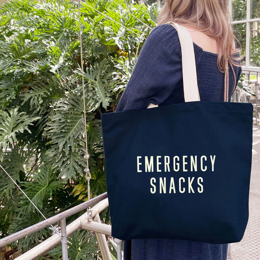 Midnight blue emergency snacks canvas tote bag