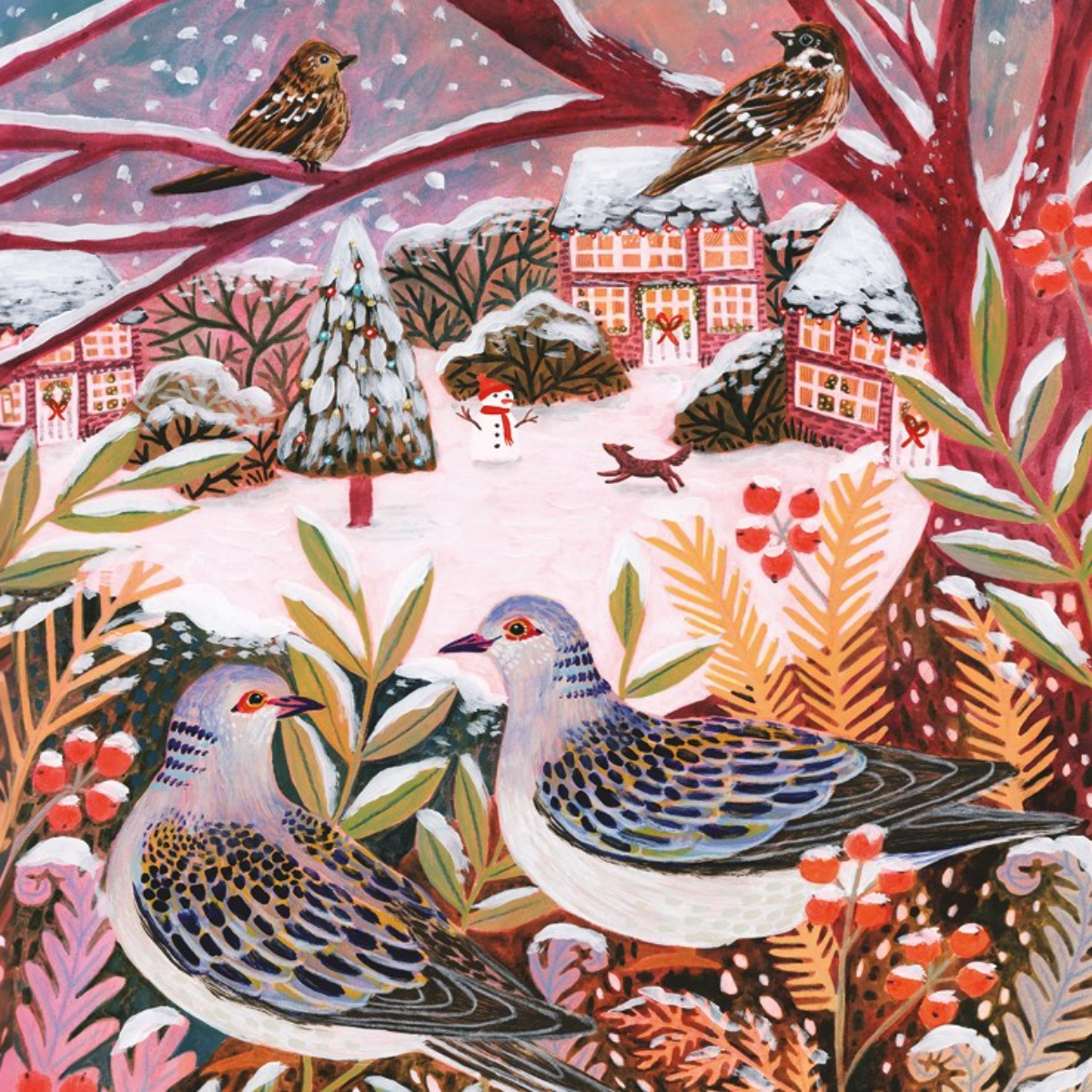 Snowy village partridges charity Christmas cards - pack of six