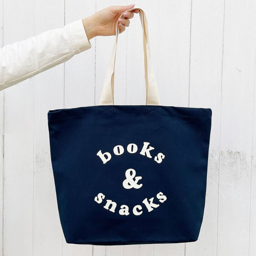 Midnight blue books & snacks canvas tote bag