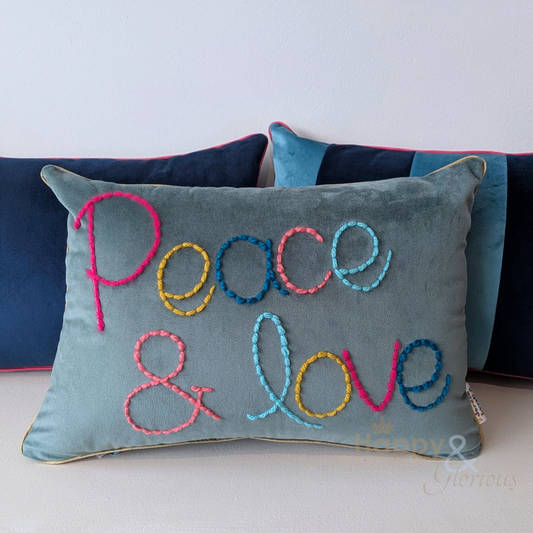 Peace & Love embroidered velvet cushion