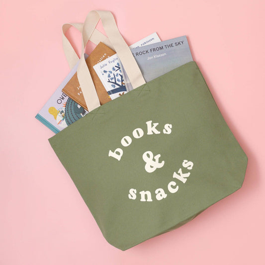 Books & Snacks - olive green canvas tote bag