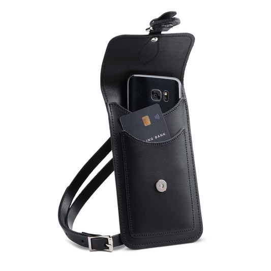 Handmade black leather mobile phone holder