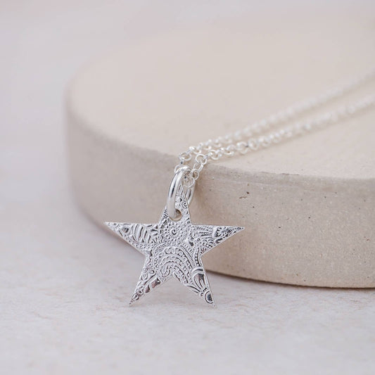 Sterling silver large textured star pendant necklace