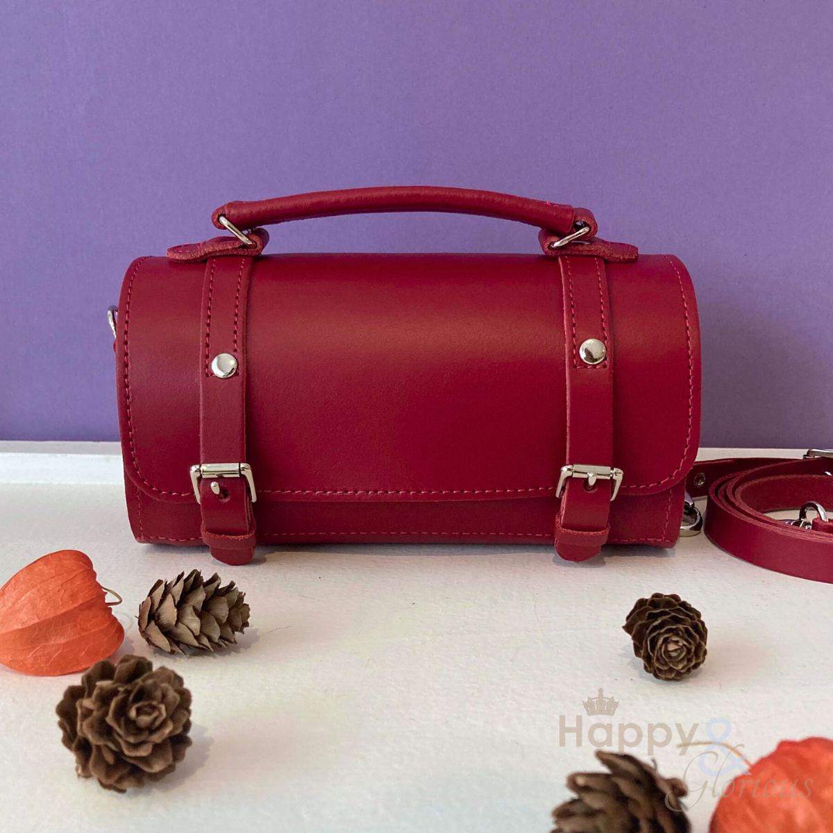 Handmade red leather bowler bag