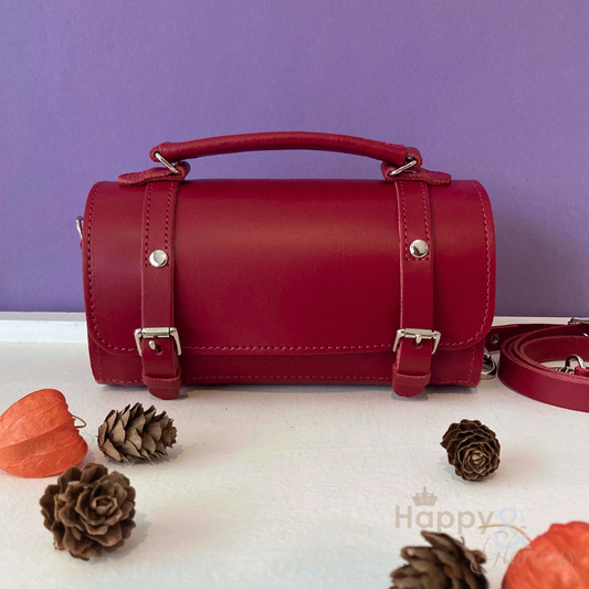 Handmade red leather bowler bag