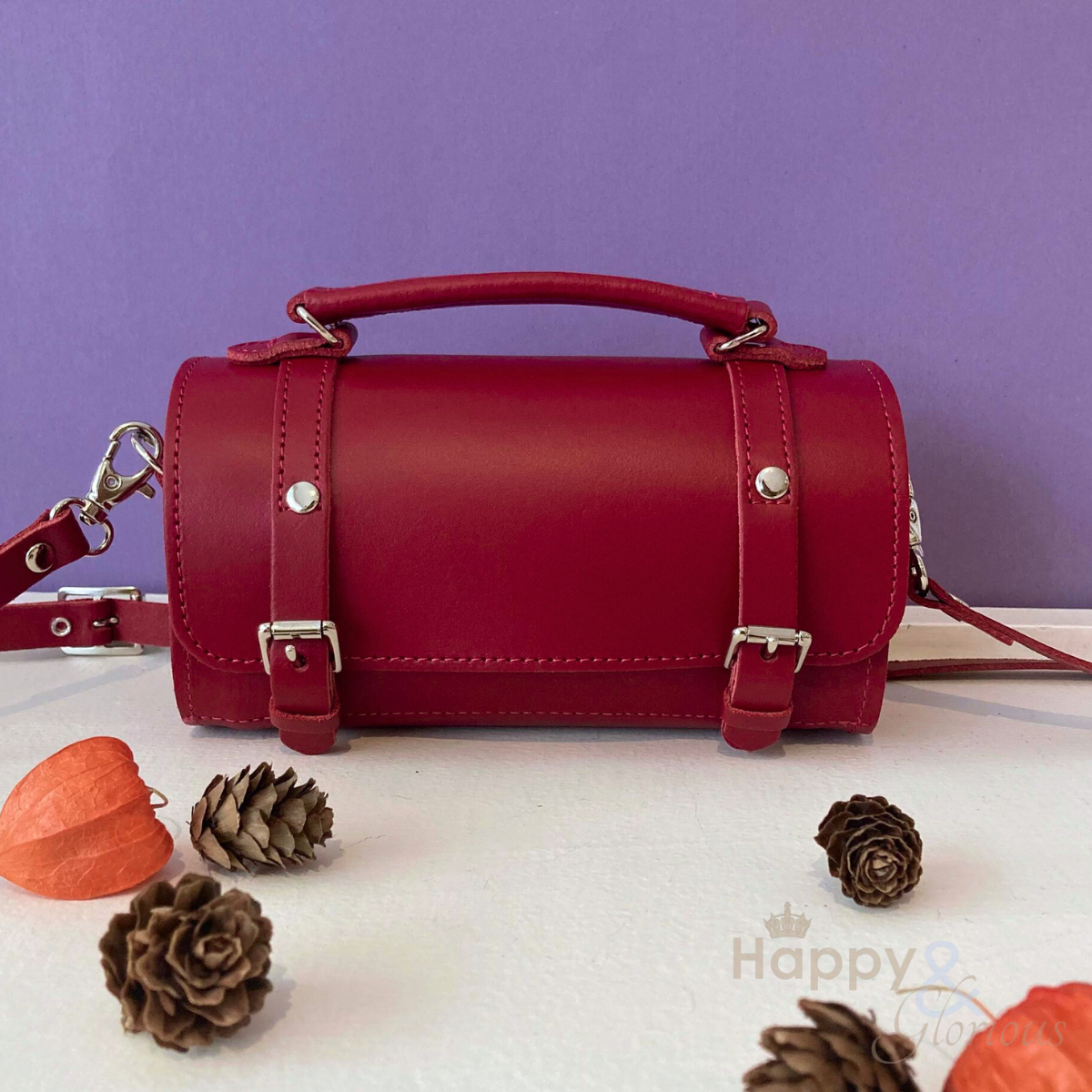 Handmade red leather bowler bag