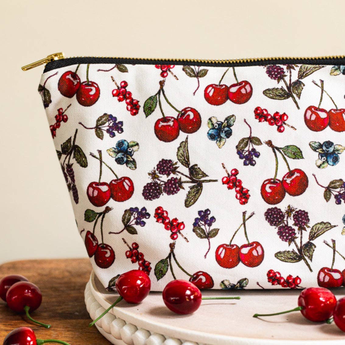 Mon Cheri cherry organic cotton wash bag
