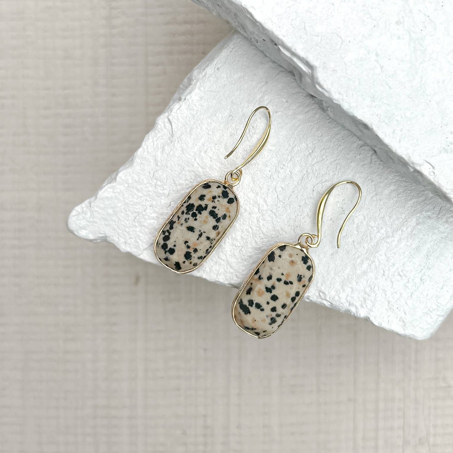 Dalmatian jasper rectangle gold plated earrings