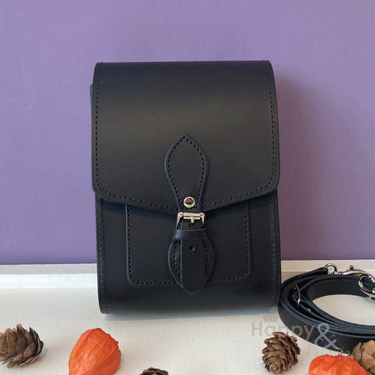 Handmade black leather festival bag