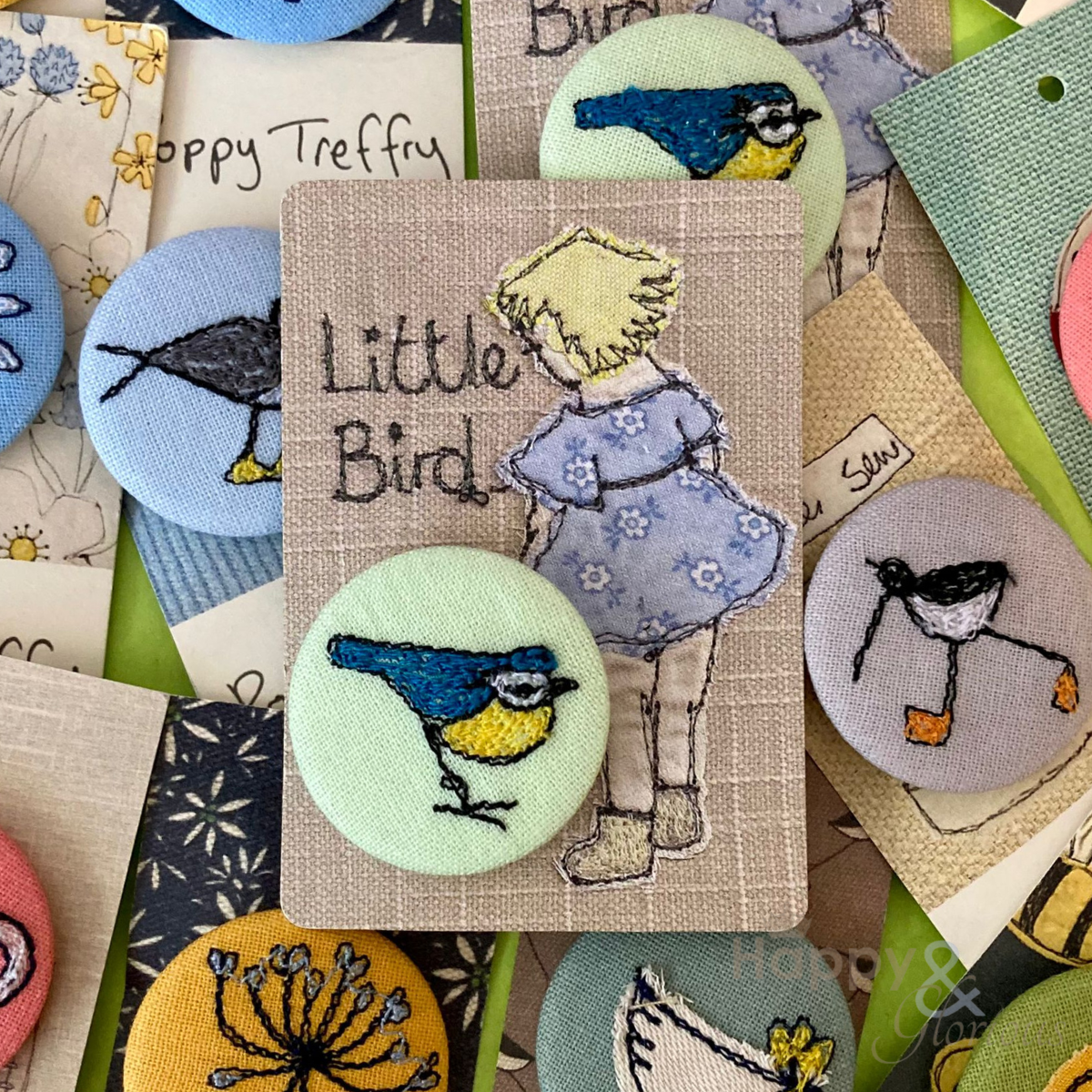 Embroidered bluetit brooch