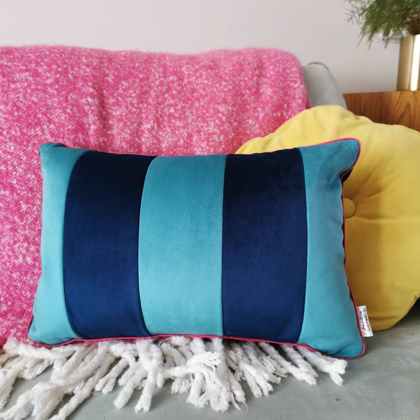 Teal Stripe velvet cushion