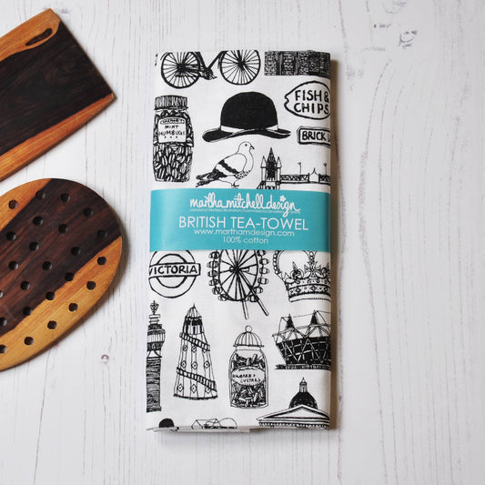 British icons black & white tea towel