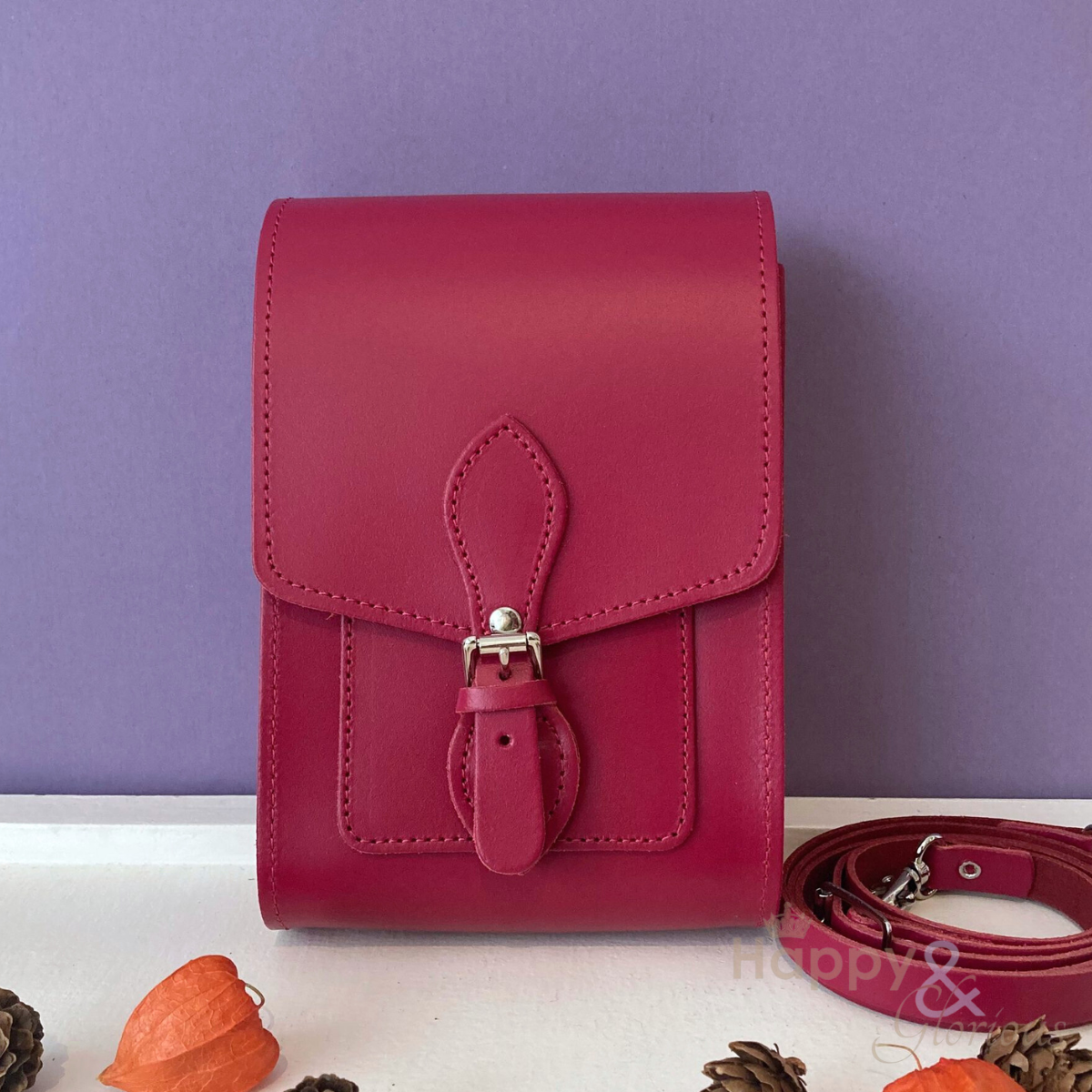 Handmade magenta leather festival bag