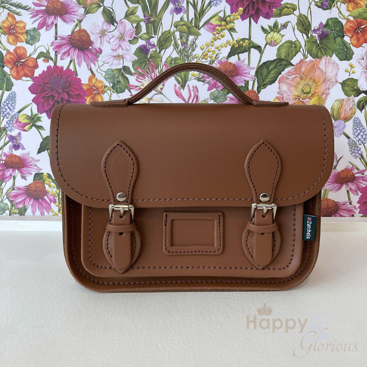 Handmade chestnut brown leather midi satchel