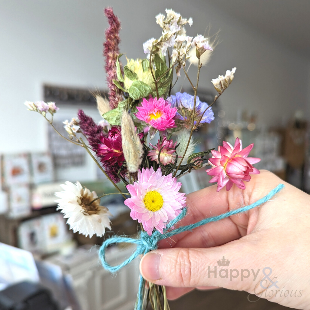 Mini hand tied dried flower posy Happy & Glorious