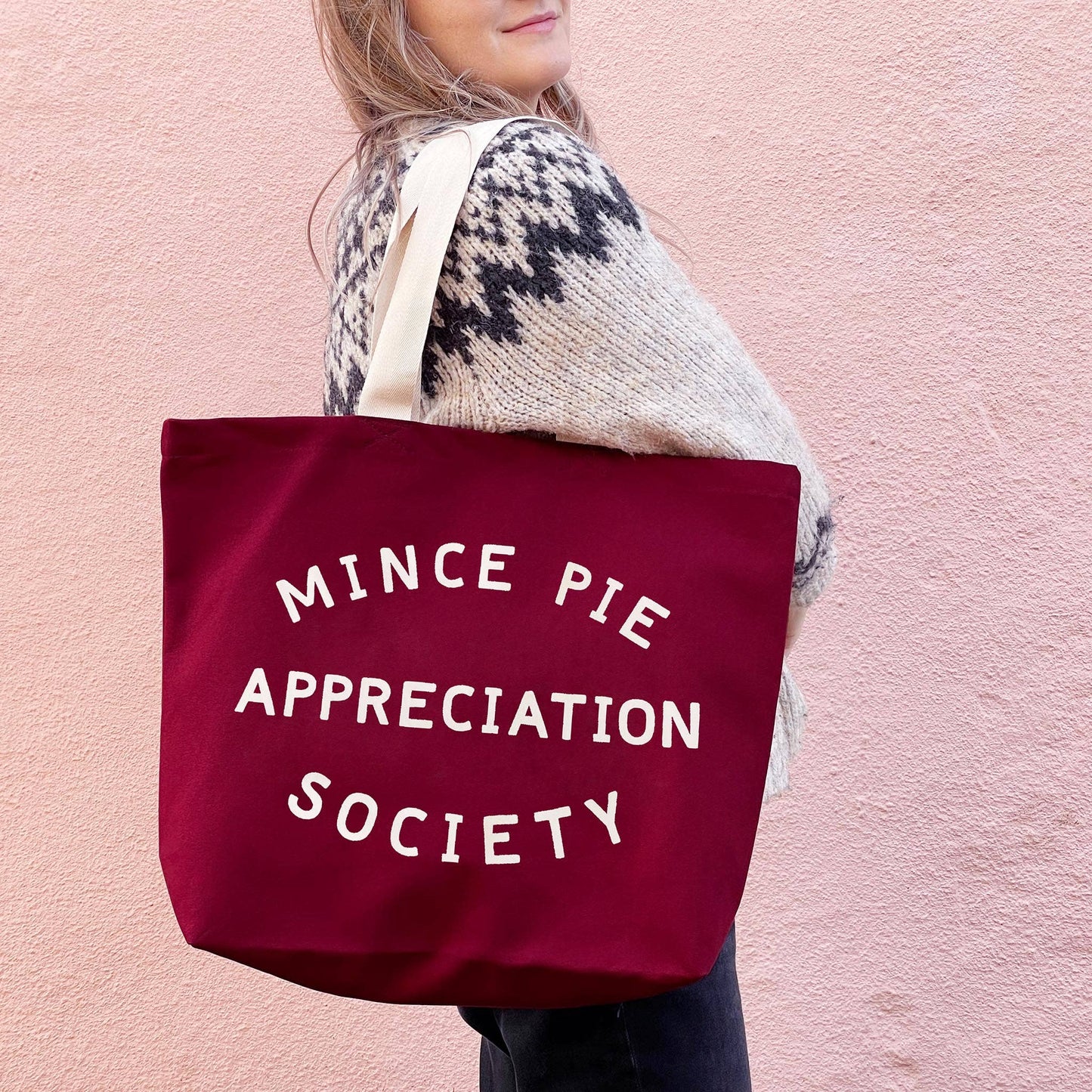 Burgundy mince pie appreciation society canvas tote bag