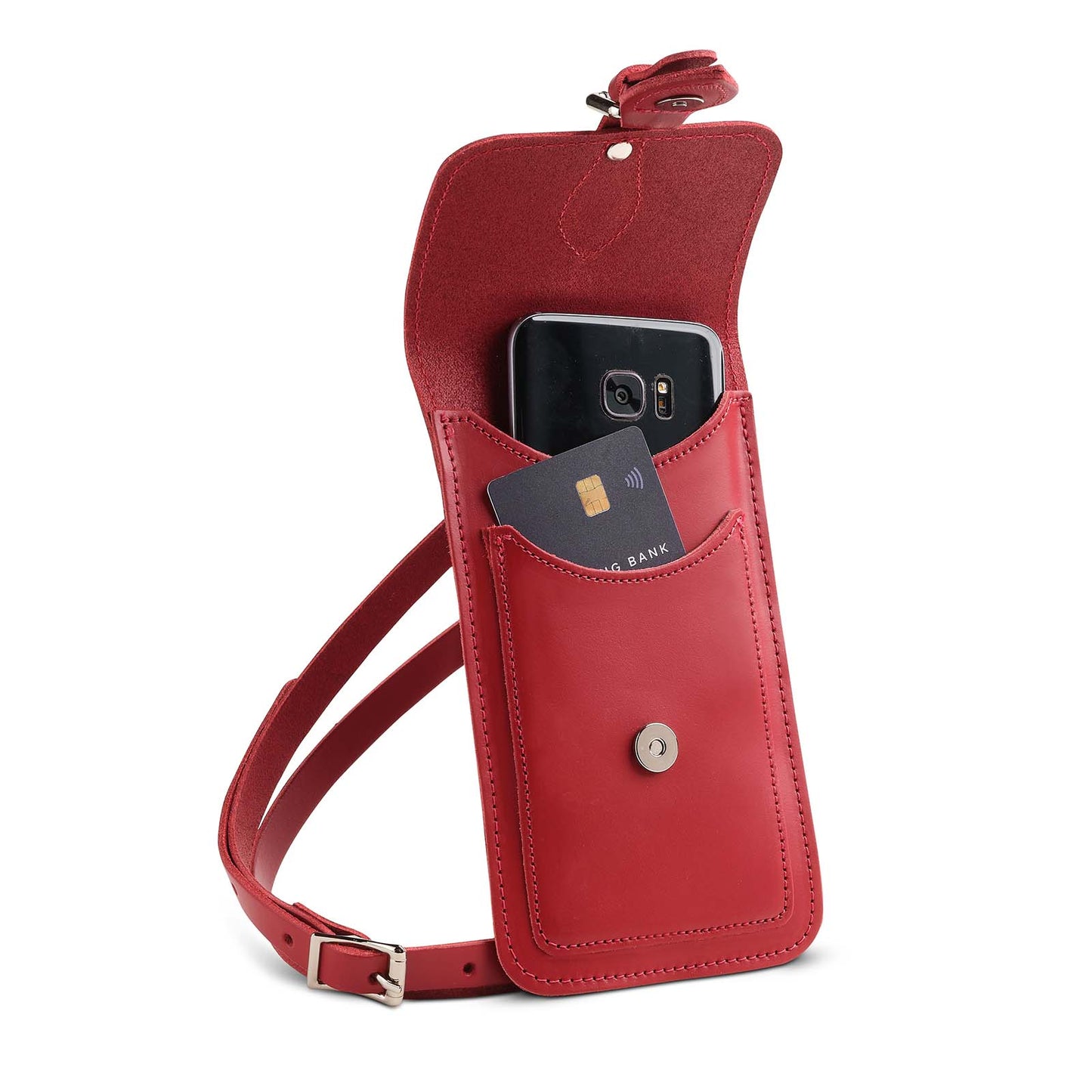 Handmade red leather mobile phone holder