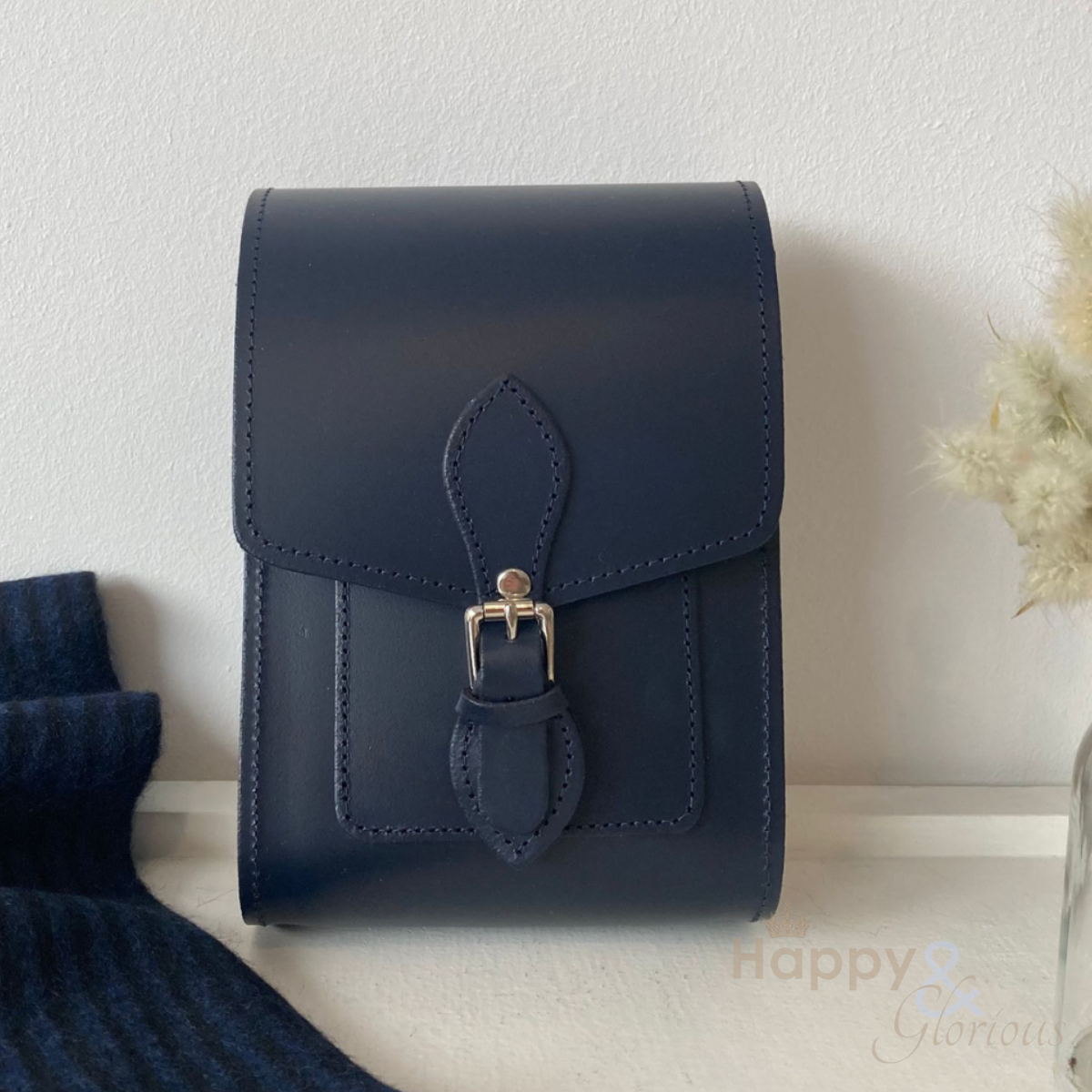 Handmade navy leather festival bag