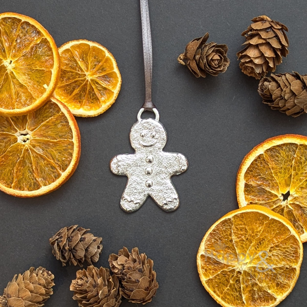 Pewter gingerbread man Christmas tree decoration - handmade by Lancaster & Gibbings