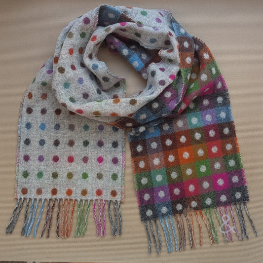 Multi-coloured & grey spotty merino scarf