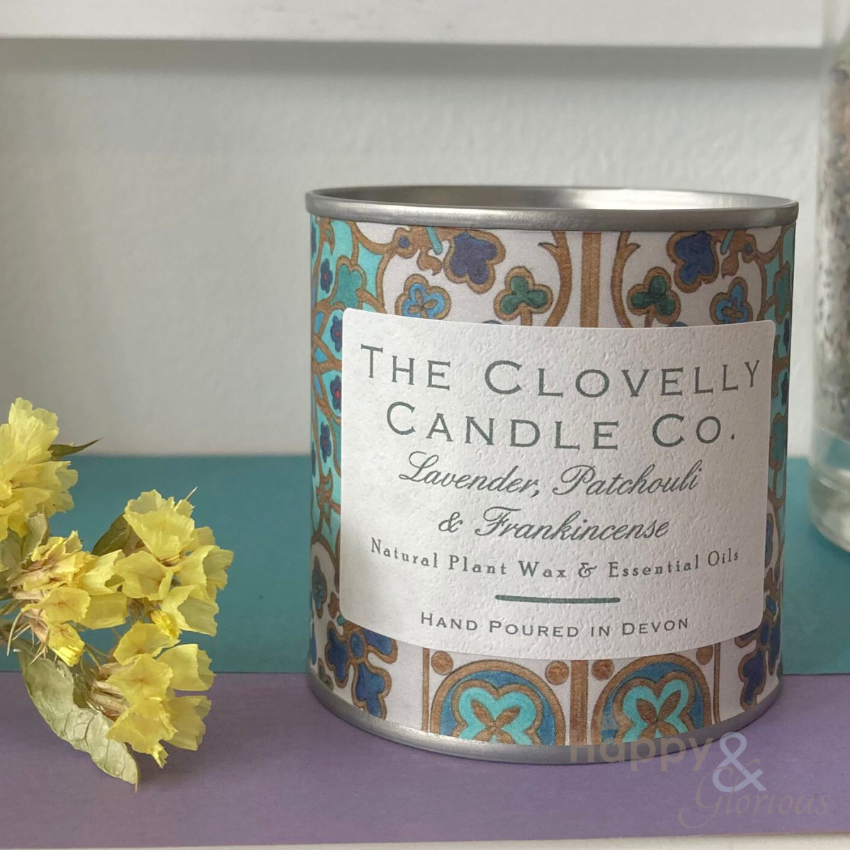 Clovelly lavender, frankincense & patchouli essential oil candle in tin