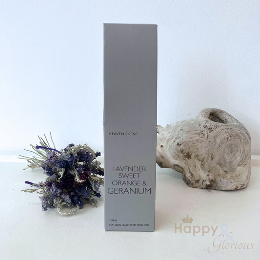Lavender, sweet orange & geranium reed diffuser in amber glass bottle