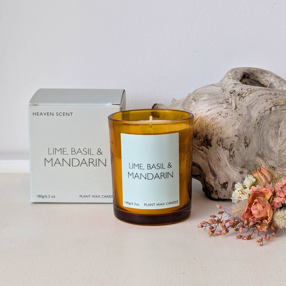 Lime Basil & Mandarin soy wax candle in amber glass