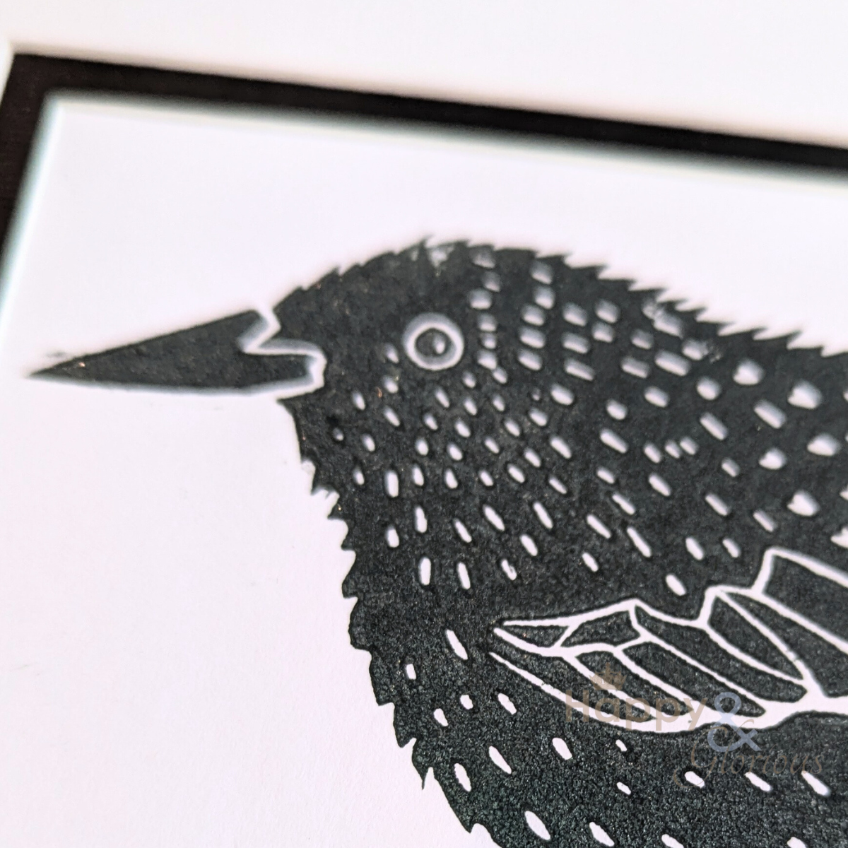 Optimistic starling lino print by Kate Tompsett