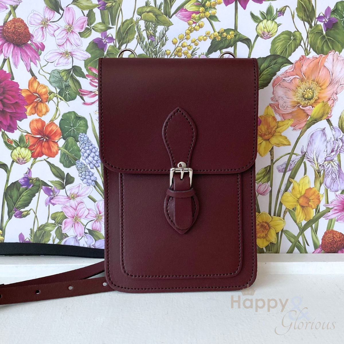 Handmade marsala red leather mobile phone holder