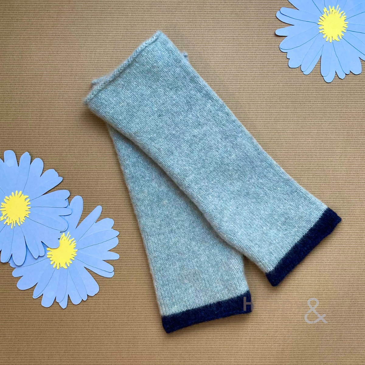 Soft blue felted merino wool wristwarmer gloves