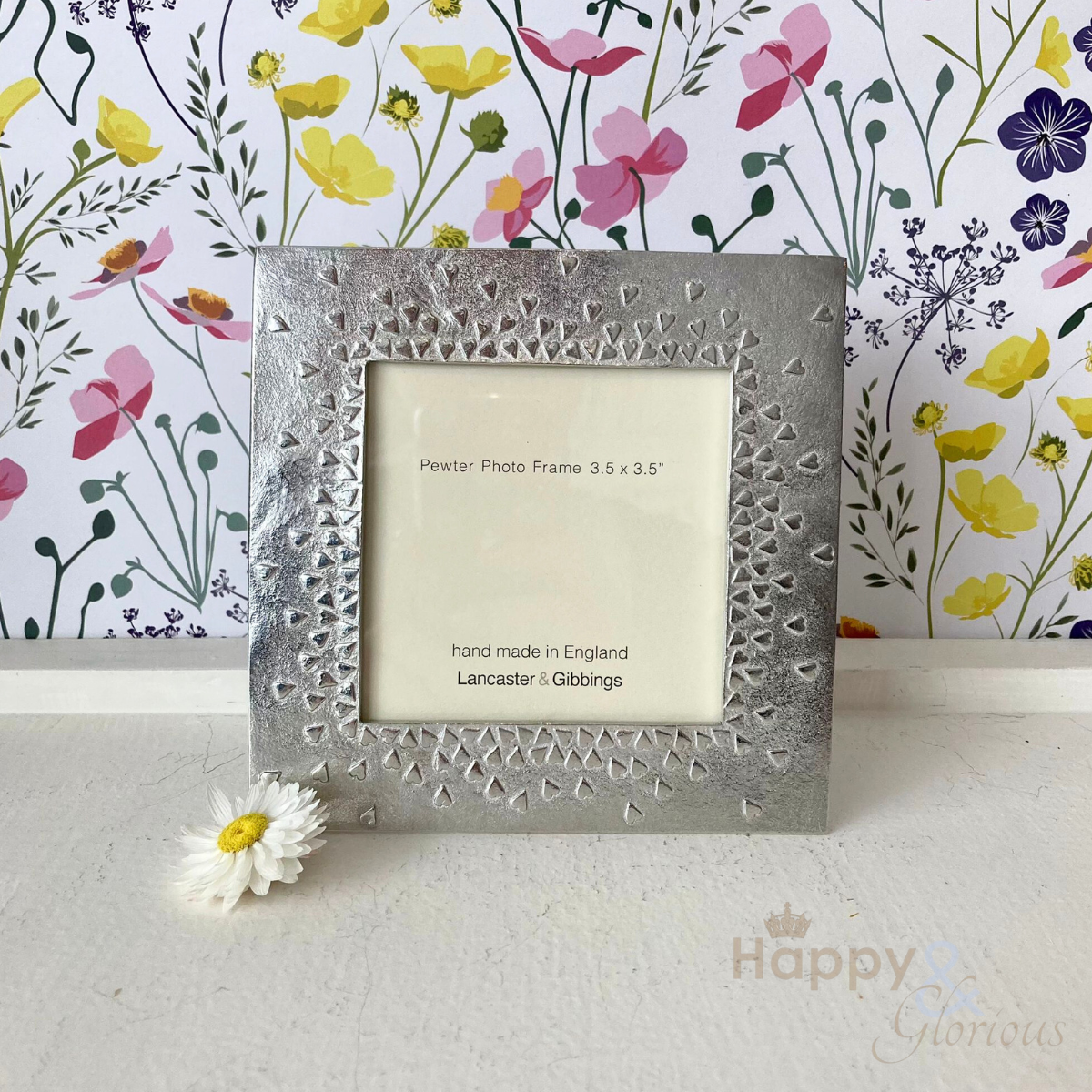 Pewter 'floating hearts' 3.5" square frame by Lancaster & Gibbings